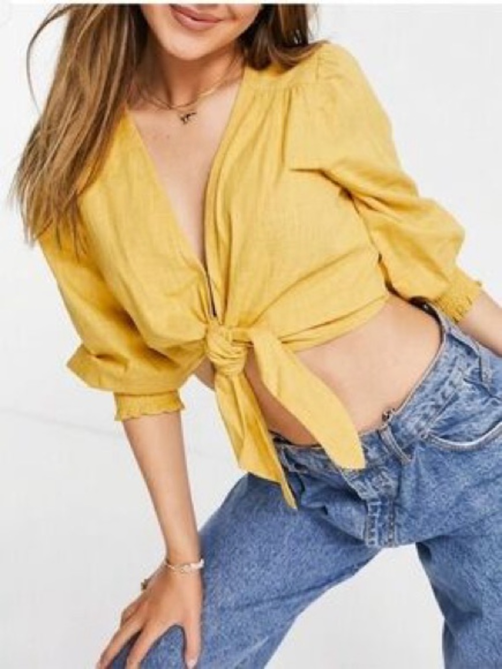 Abercrombie & Fitch Linen Blend Yellow Tie-Front Crop Top